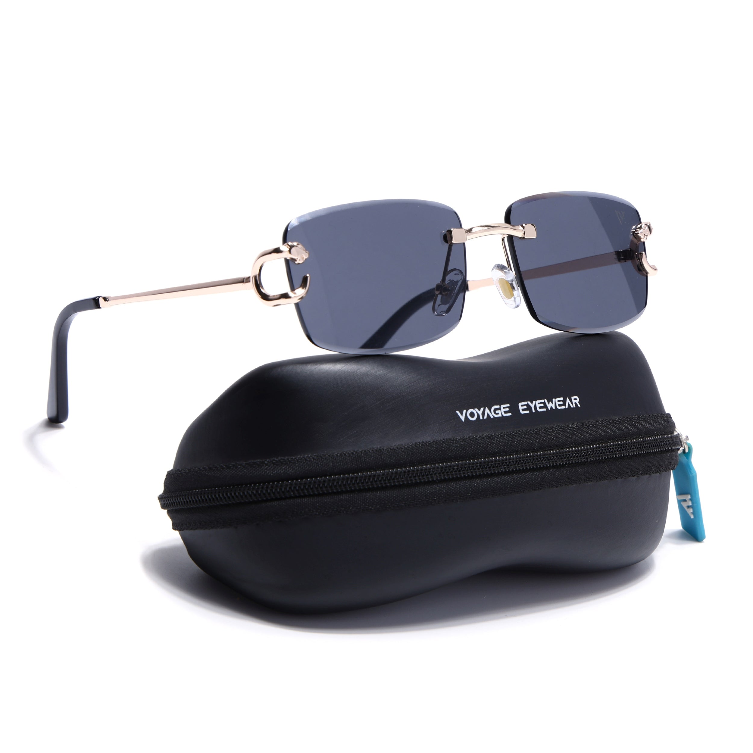 Rimless Sunglasses for Men & Women (Black Lens | Golden Frame - MG7525)