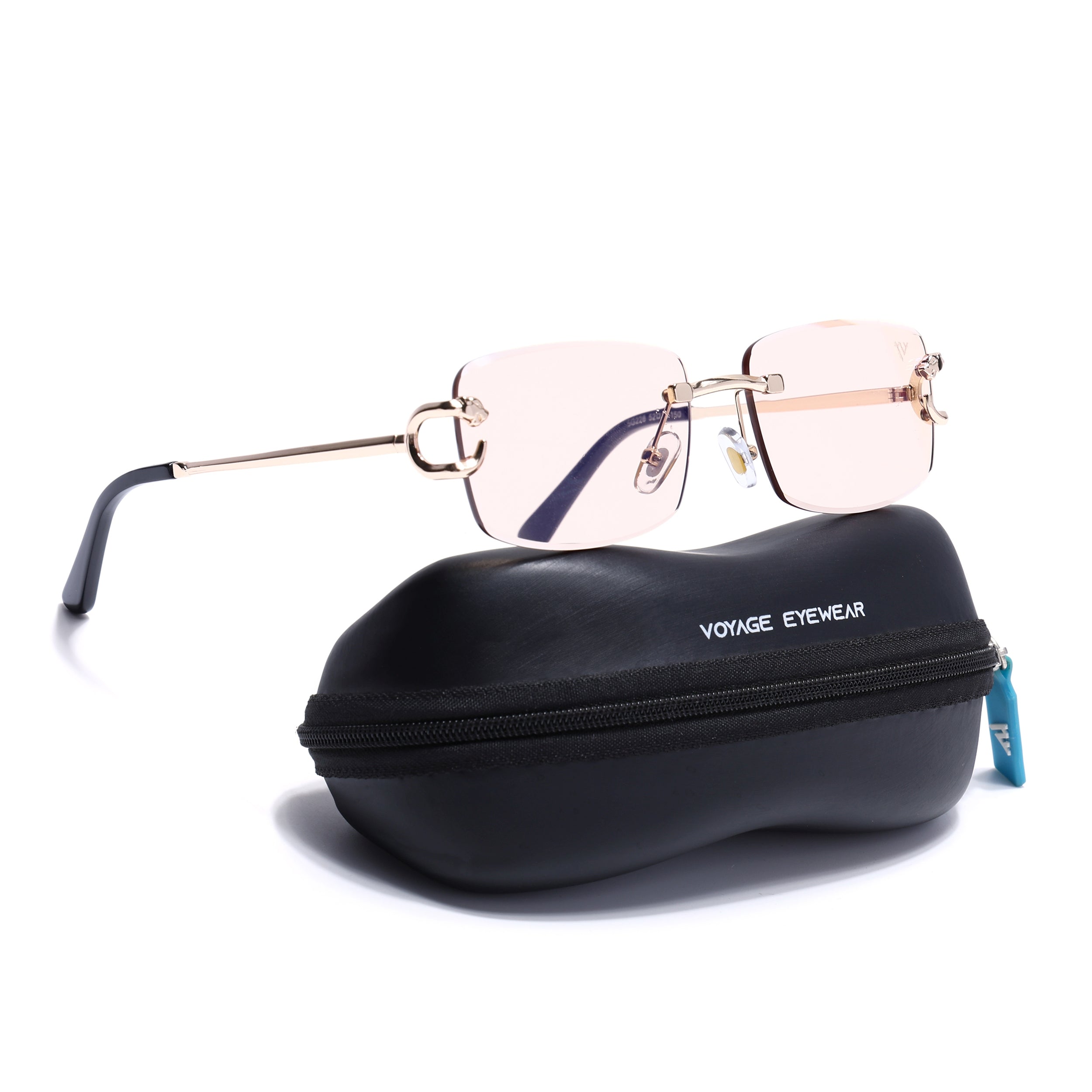 Rimless Sunglasses for Men & Women (Light Pink Lens | Golden Frame - MG7528)