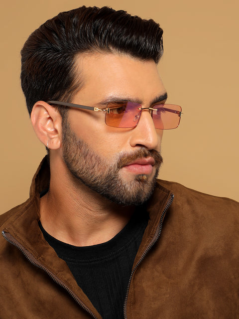 Rimless Sunglasses for Men & Women (Light Pink Lens | Golden Frame - MG7384)