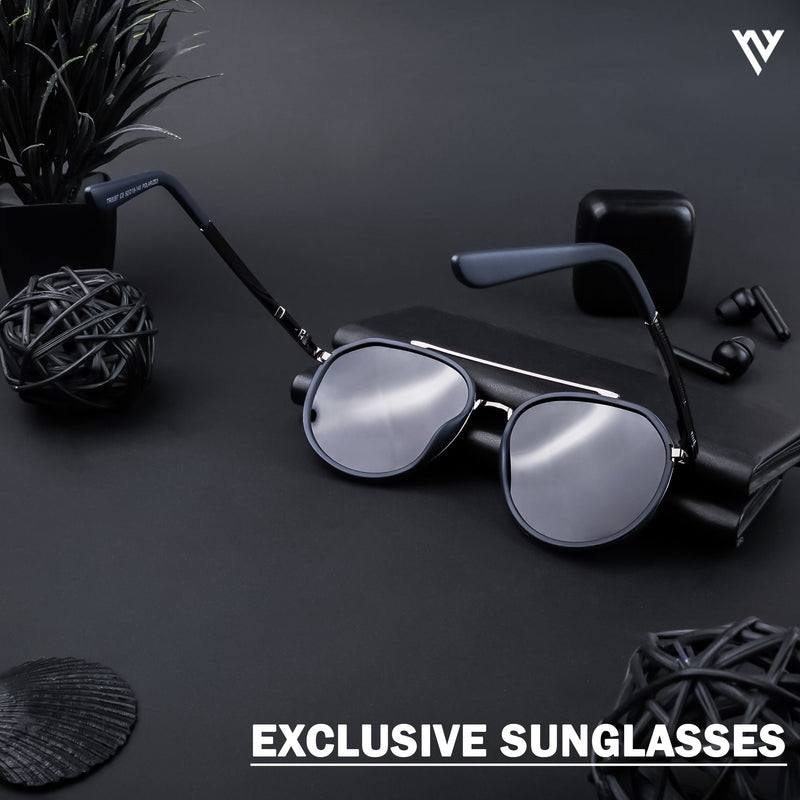 Grey & Navy Blue Polarized Round Sunglasses - PMG4312