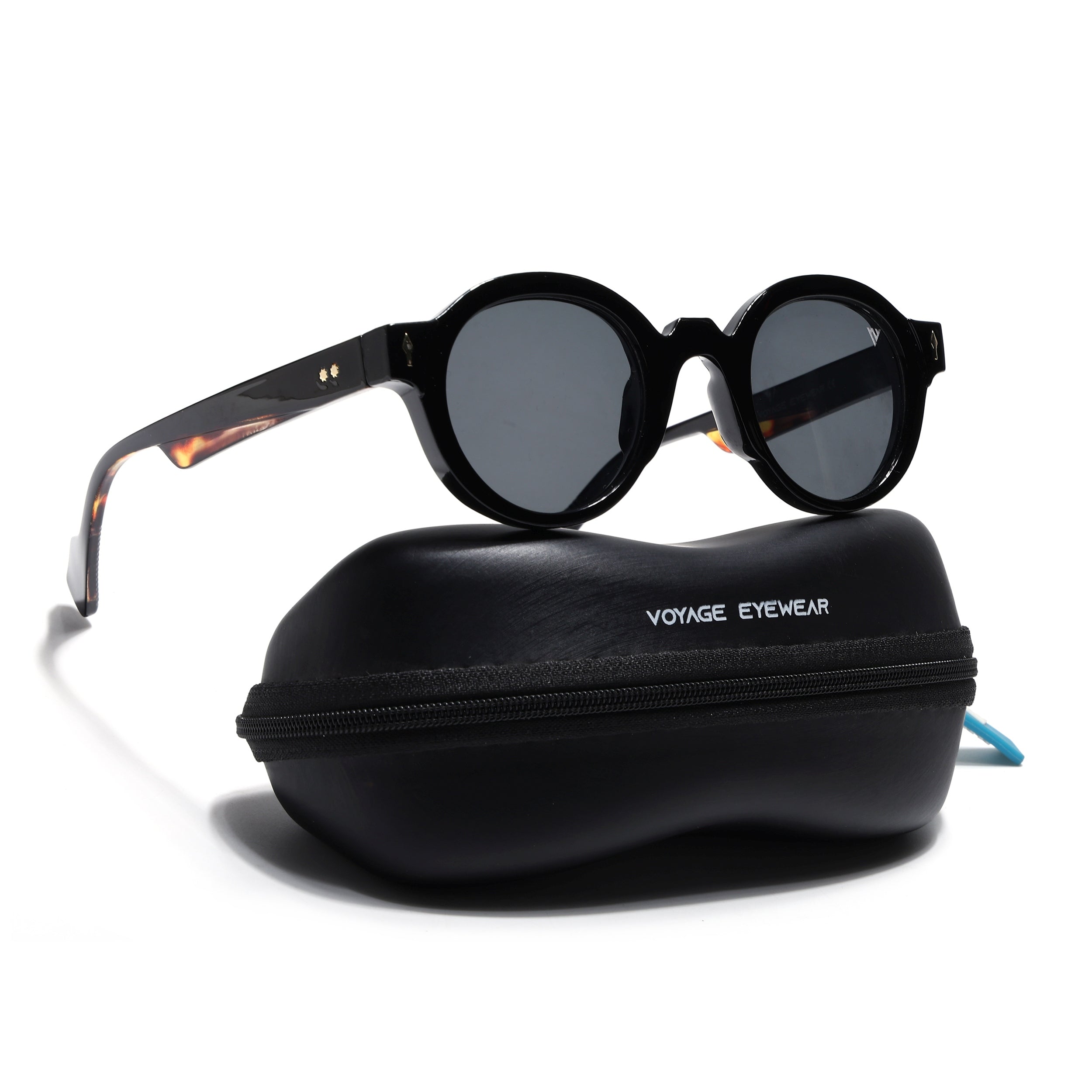 Round Sunglasses for Men & Women (Black Lens | Black & Demi Brown Frame - MG7668)