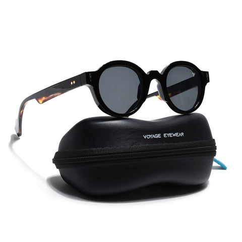Round Sunglasses for Men & Women (Black Lens | Black & Demi Brown Frame - MG7668)
