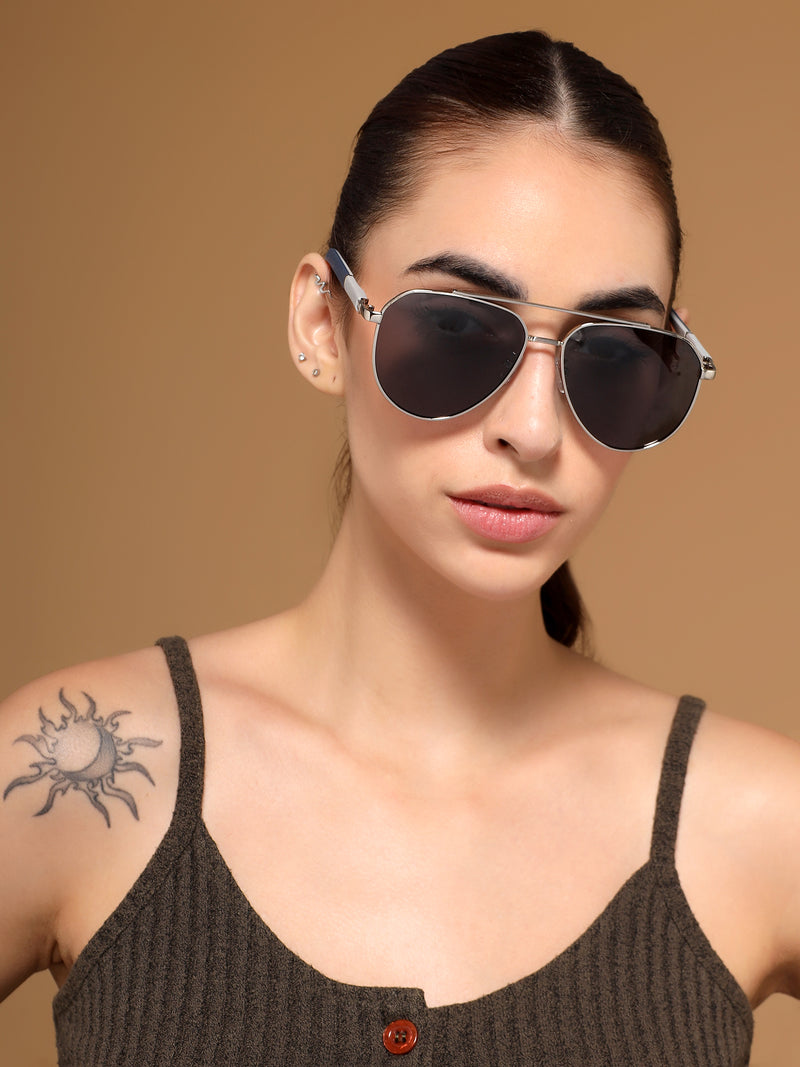 Voyage Hexagon Sunglasses for Men & Women (Black Lens | Silver Frame - MG7391)