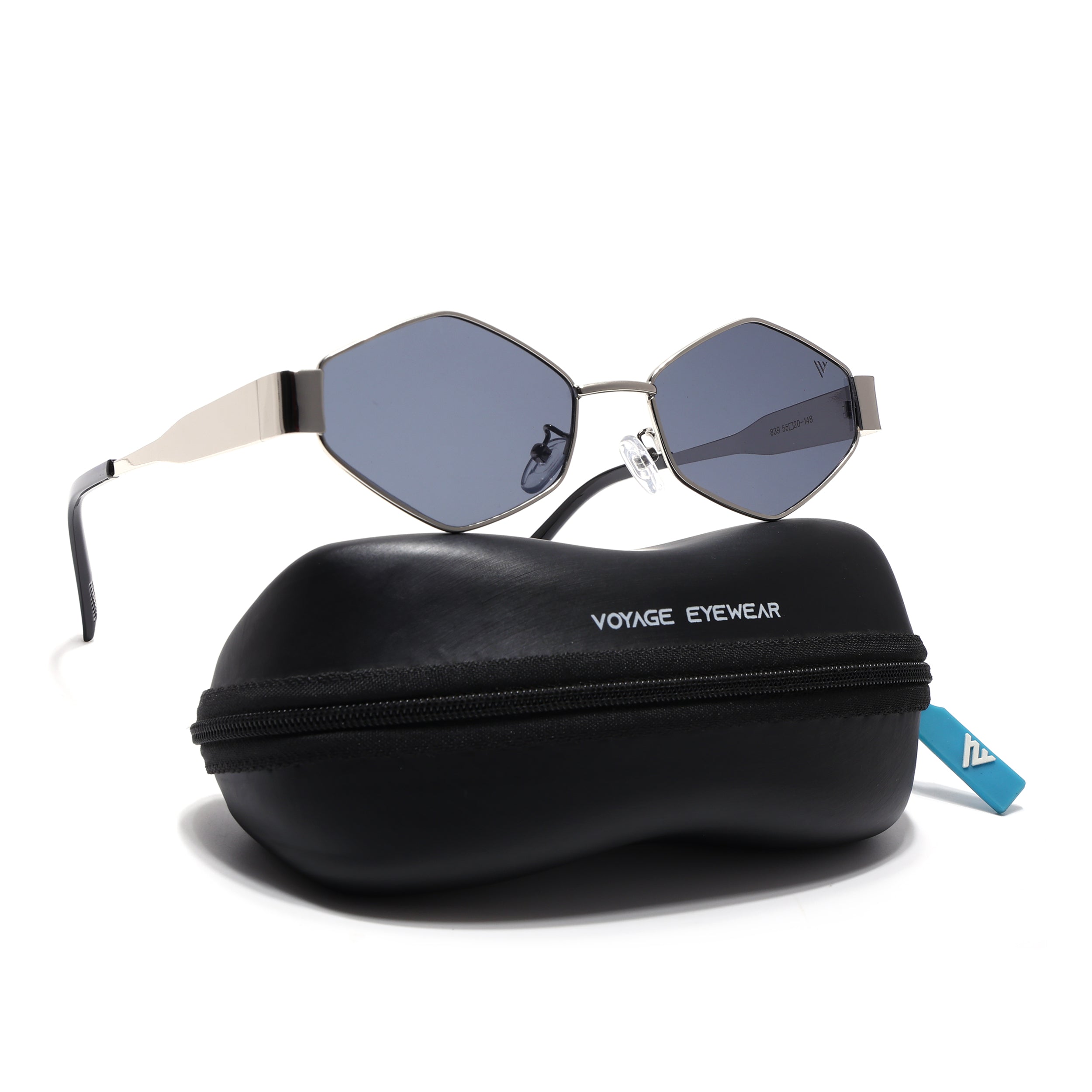 Voyage Hexagon Sunglasses for Men & Women (Black Lens | Silver Frame - MG7391)