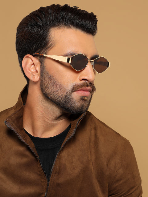 Voyage Hexagon Sunglasses for Men & Women (Brown Lens | Golden Frame - MG7394)