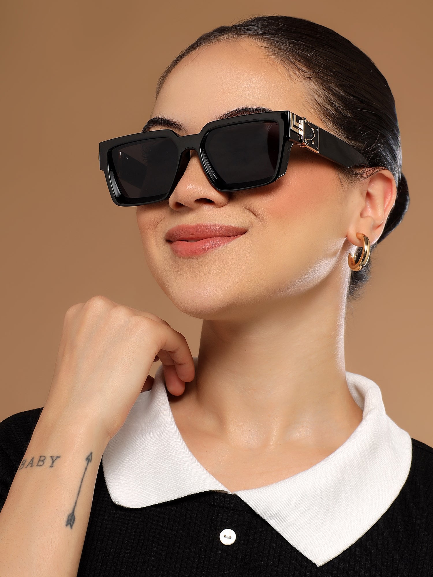 Gale | Wayfarer Sunglasses (Black Lens | Black & Golden Frame - MG5175)