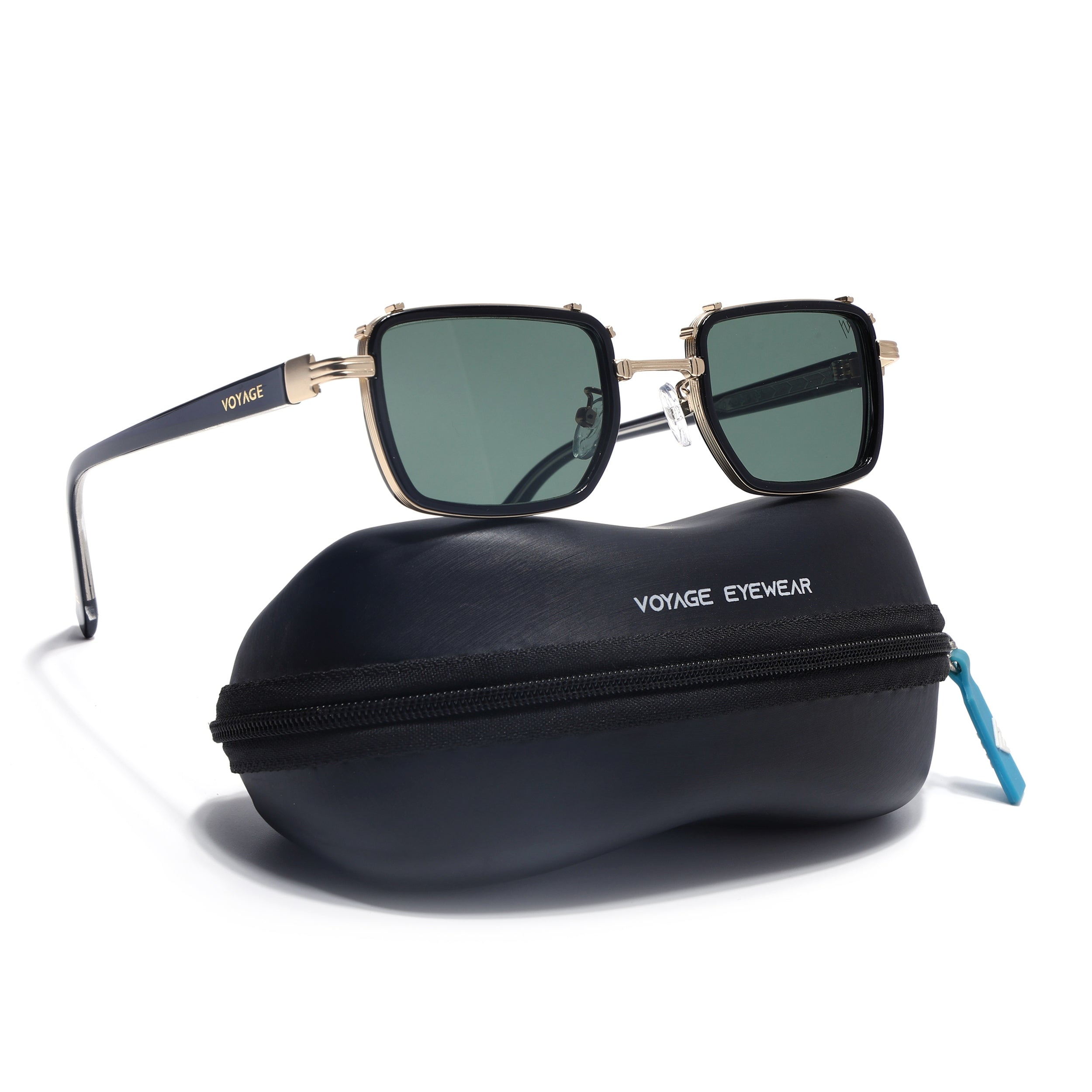 Square Sunglasses for Men & Women (Olive Lens | Golden & Black Frame - MG7055)