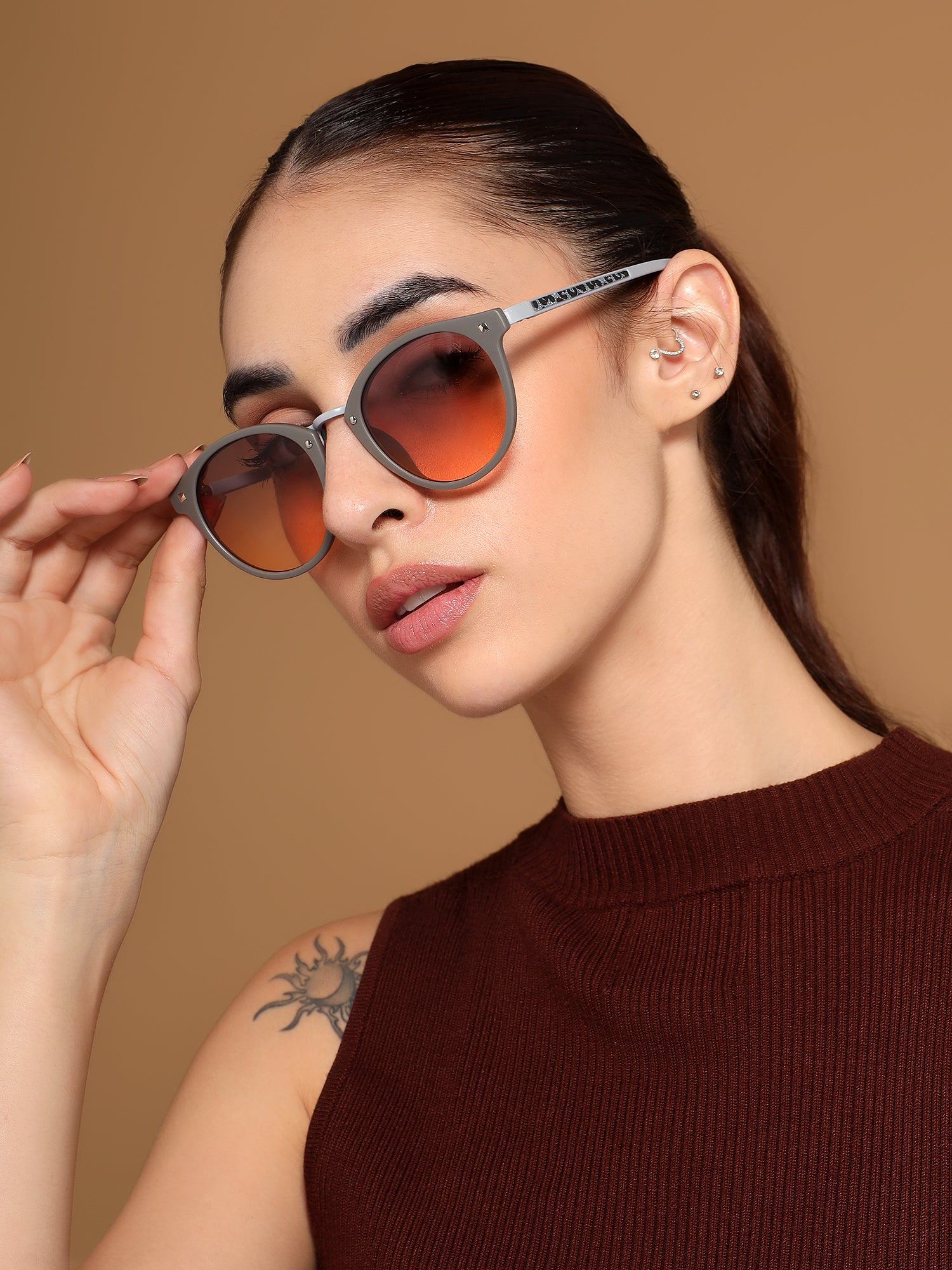 Round Sunglasses for Women (Grey & Pink Lens | Grey Frame - MG7249)