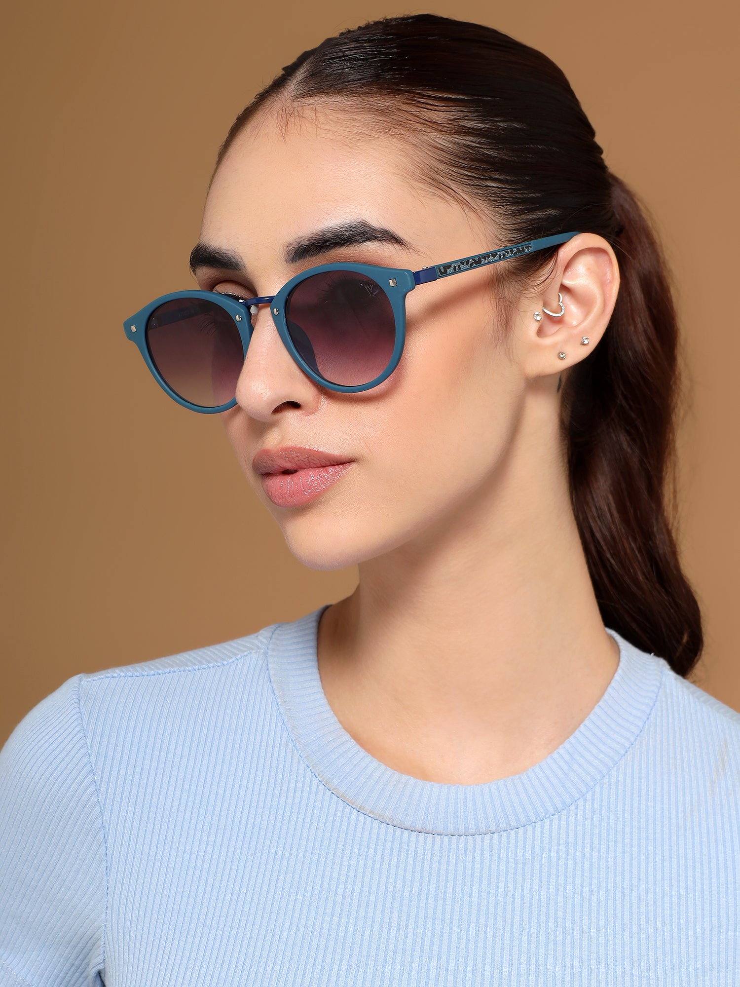 Round Sunglasses for Women (Grey & Clear Lens | Blue Frame - MG7250)