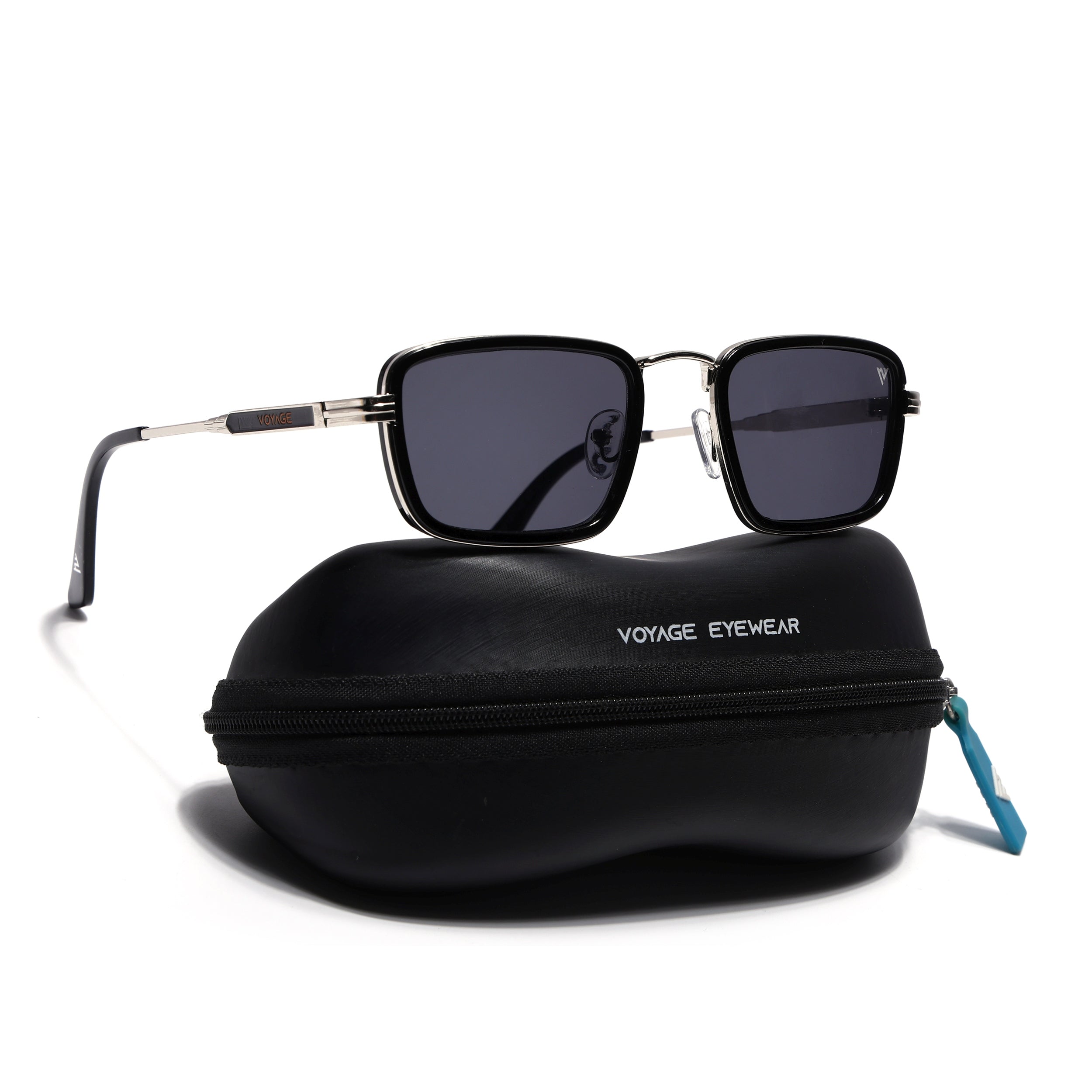 Rectangle Sunglasses for Men & Women (Black Lens | Silver & Black Frame - MG7579)