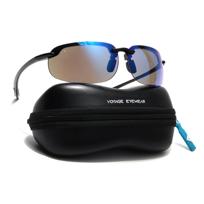 Wrap Around Sunglasses (Blue Lens | Black Frame - MG9115)