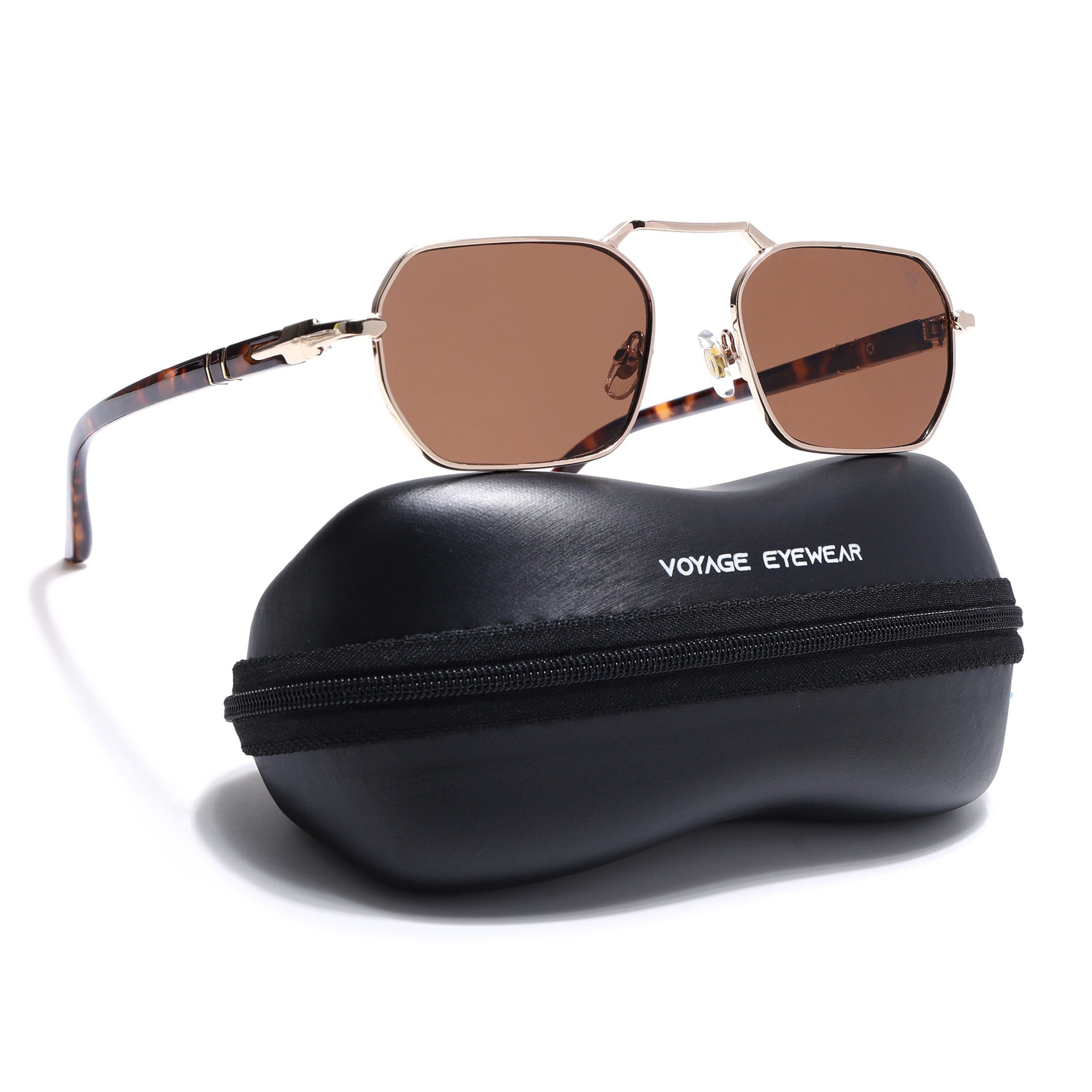 Hexagonal Sunglasses for Men & Women (Brown Lens | Golden Frame - MG7660)