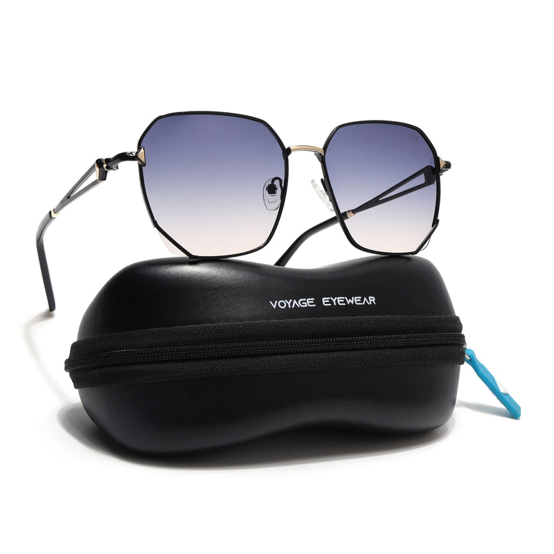 Oversize Sunglasses (Blue & Brown Lens | Black & Golden Frame - SLMG9111)