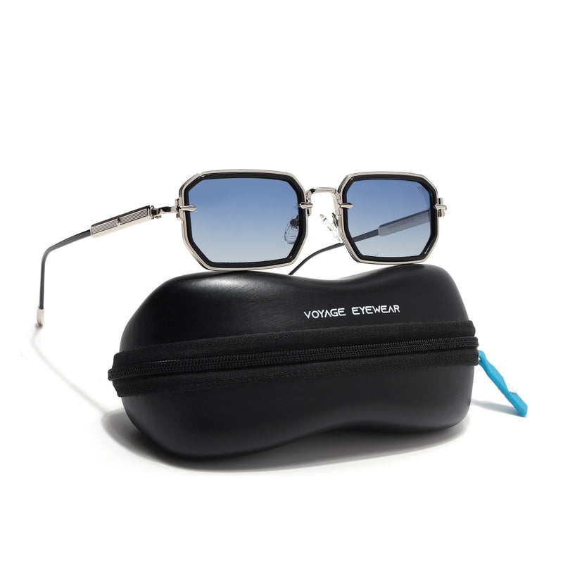 Rectangle Polarized Sunglasses (Blue Lens | Silver Frame - SLPMG9082)