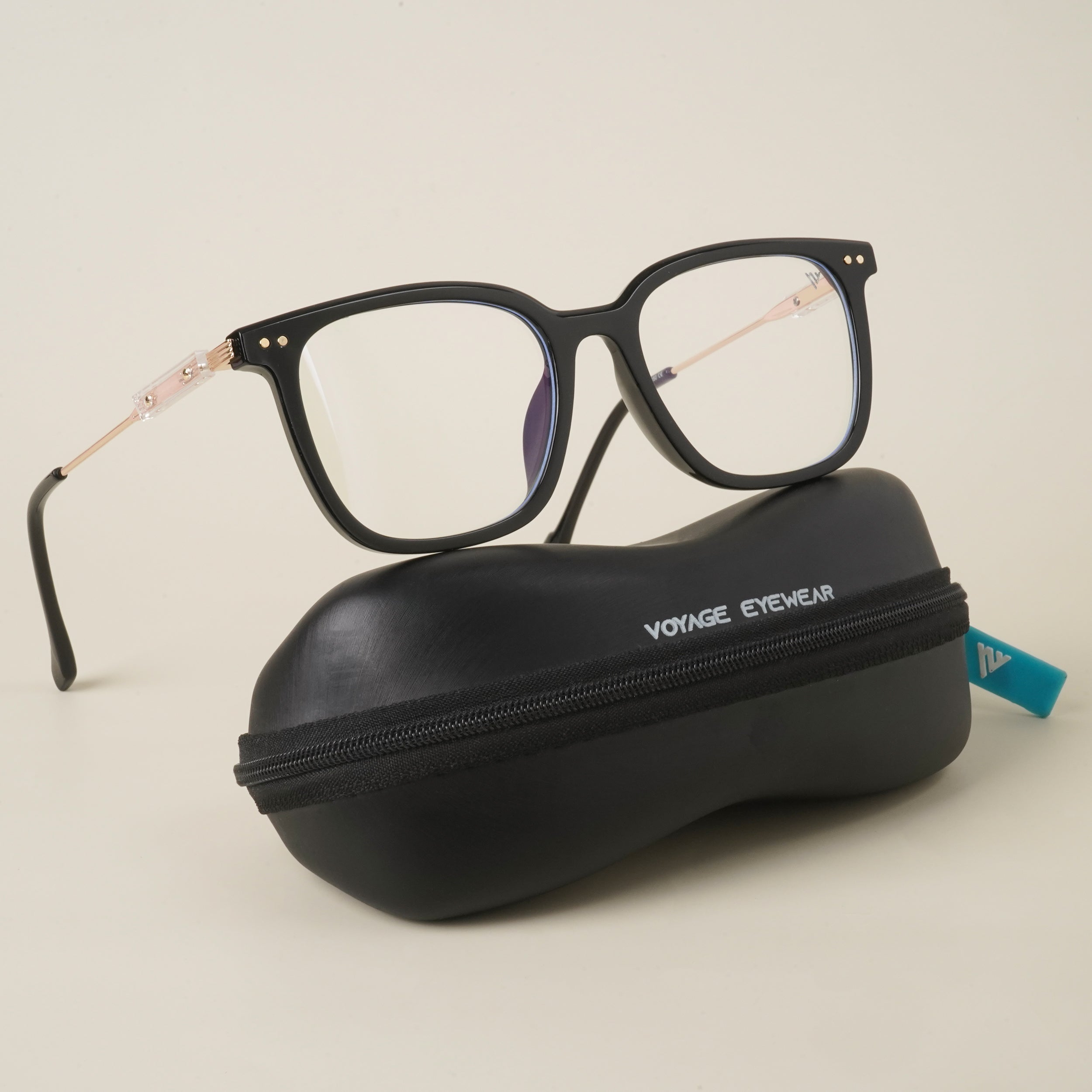 Voyage Black Square Eyeglasses With Golden Temple - MG3861