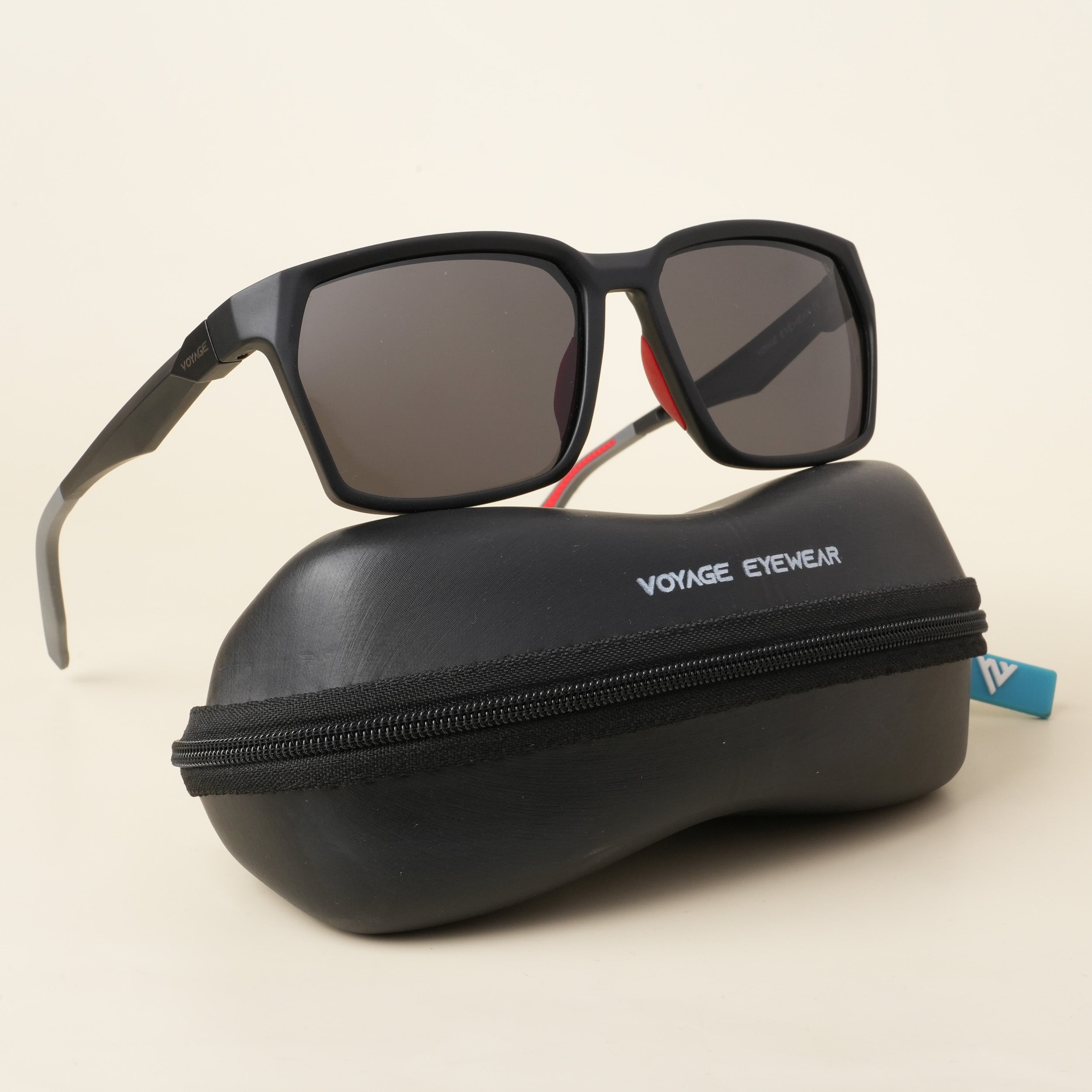Voyage Wayfarer Polarized Sunglasses for Men & Women (Black Lens | Matt Black & Red Frame - PMG5284)