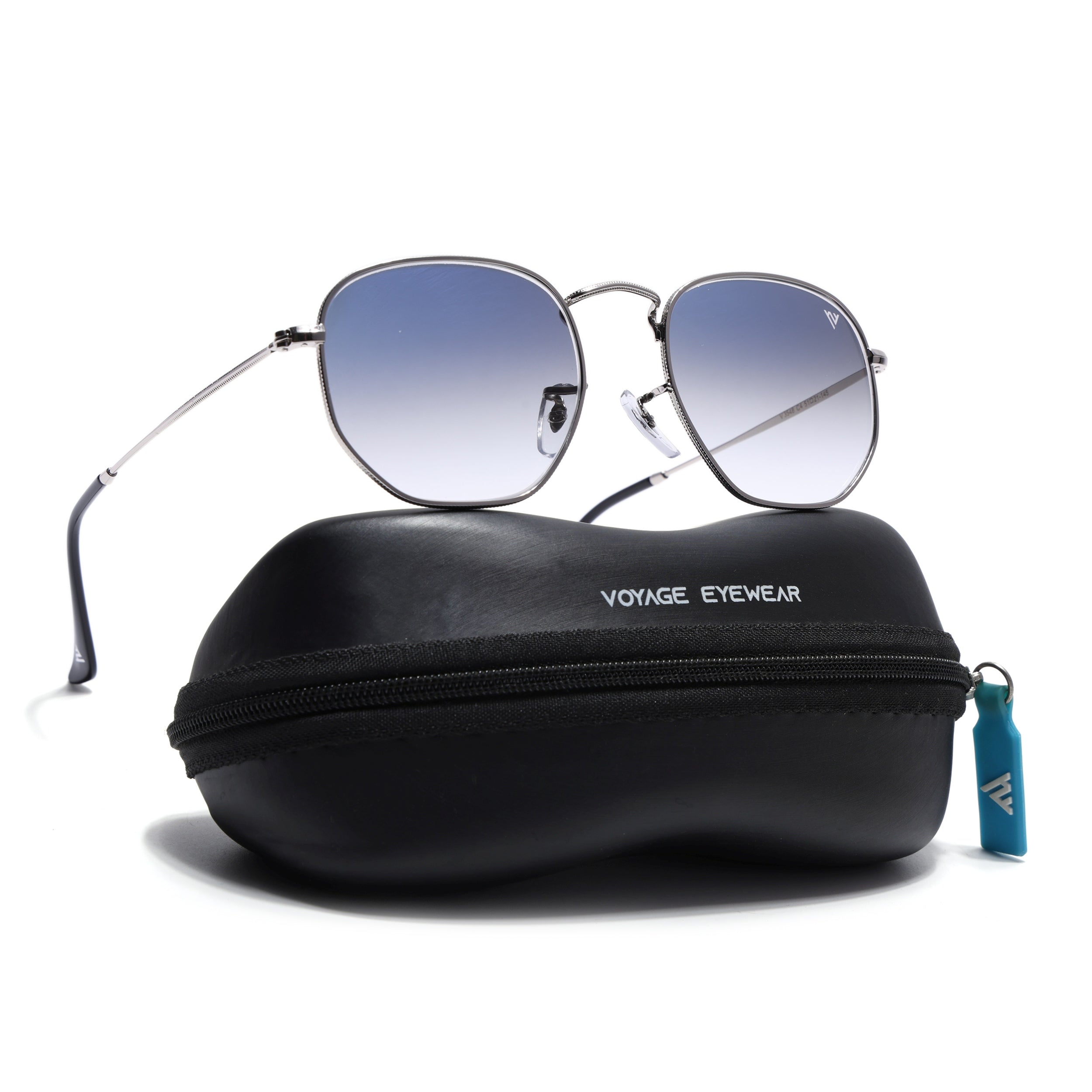 Round Sunglasses for Men & Women (Blue & Clear Lens | Silver Frame - MG7573)