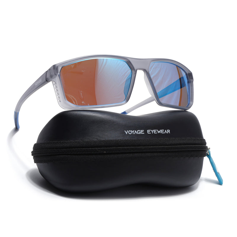 Rectangle Polarized Sunglasses | Blue Lens | Matt Grey Frame - PMG6800