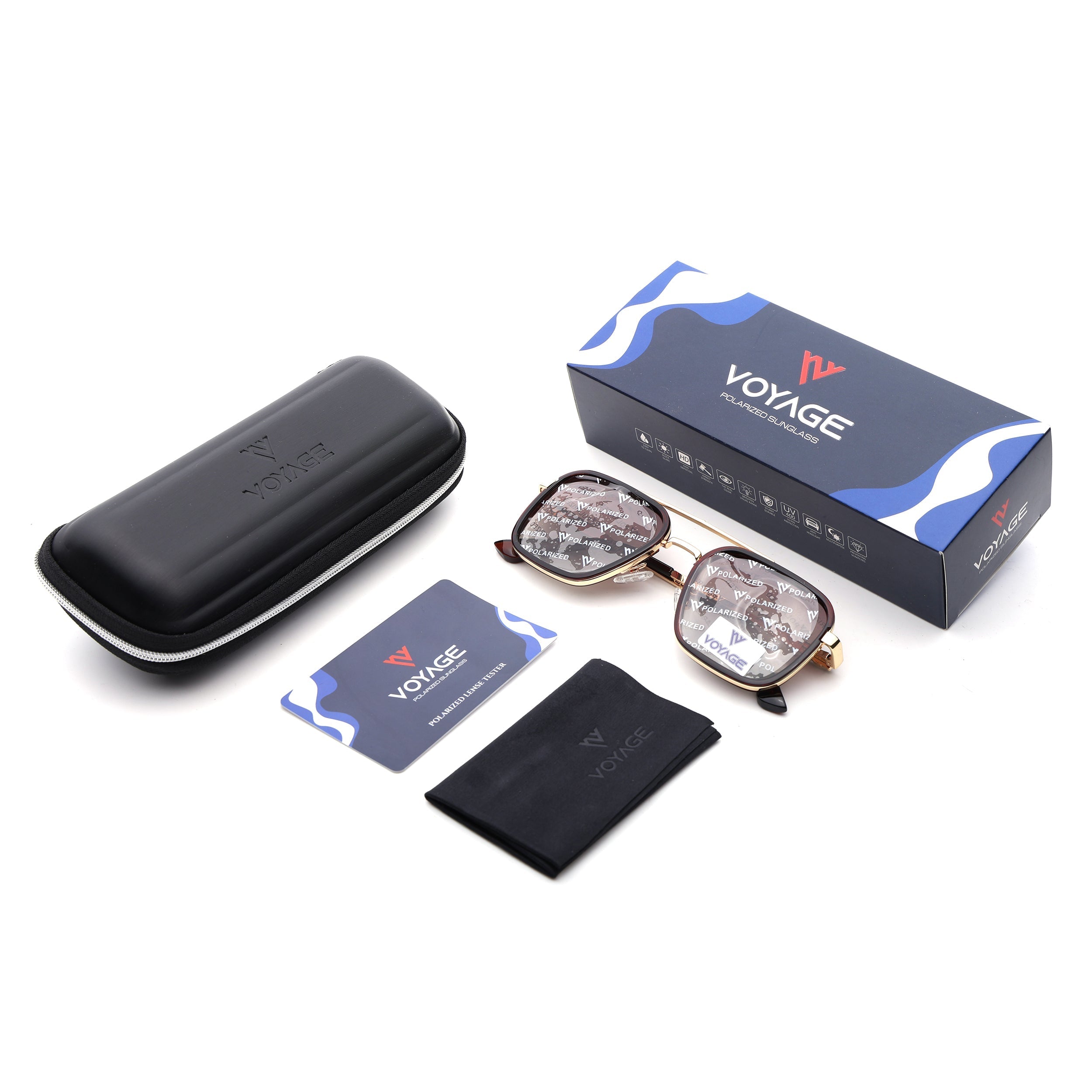 Square Polarized Sunglasses for Men & Women (Brown & Clear Lens | Golden & Brown Frame - VOYLB03-C3)