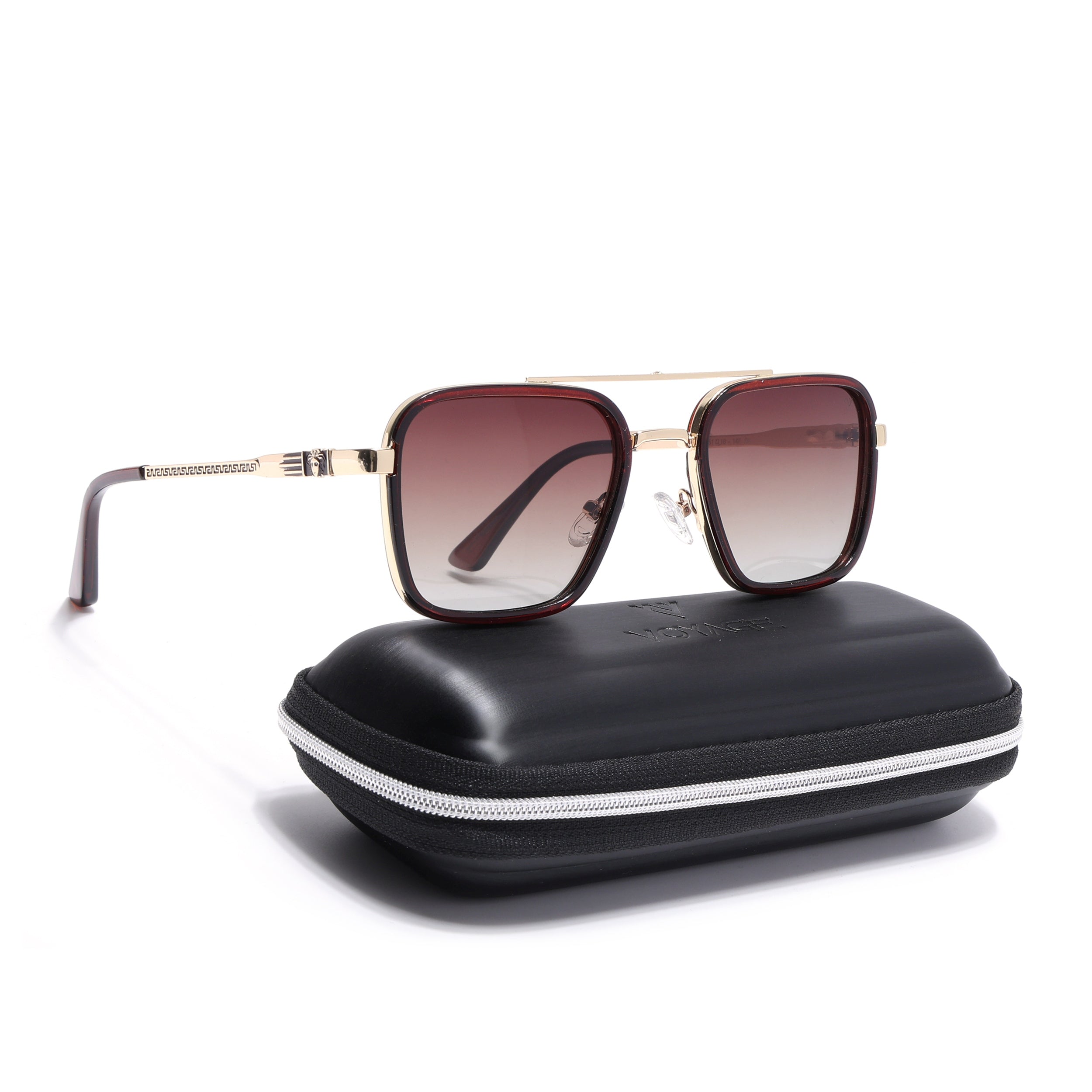 Square Polarized Sunglasses for Men & Women (Brown & Clear Lens | Golden & Brown Frame - VOYLB03-C3)