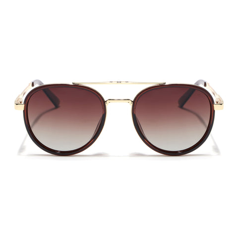 Round Polarized Sunglasses for Men & Women (Brown & Clear Lens | Golden & Brown Frame - VOYLB04-C3)