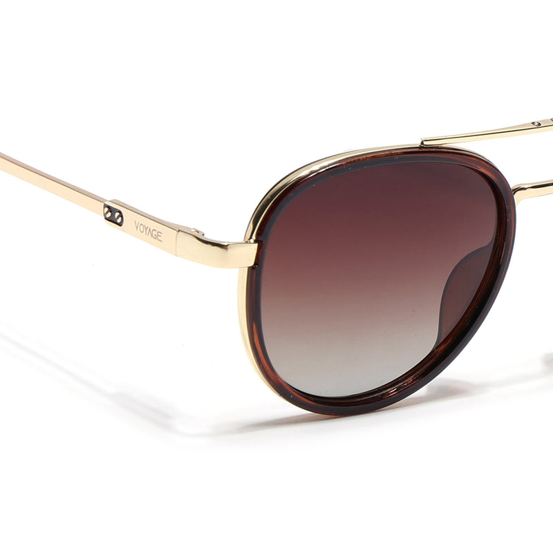 Round Polarized Sunglasses for Men & Women (Brown & Clear Lens | Golden & Brown Frame - VOYLB04-C3)
