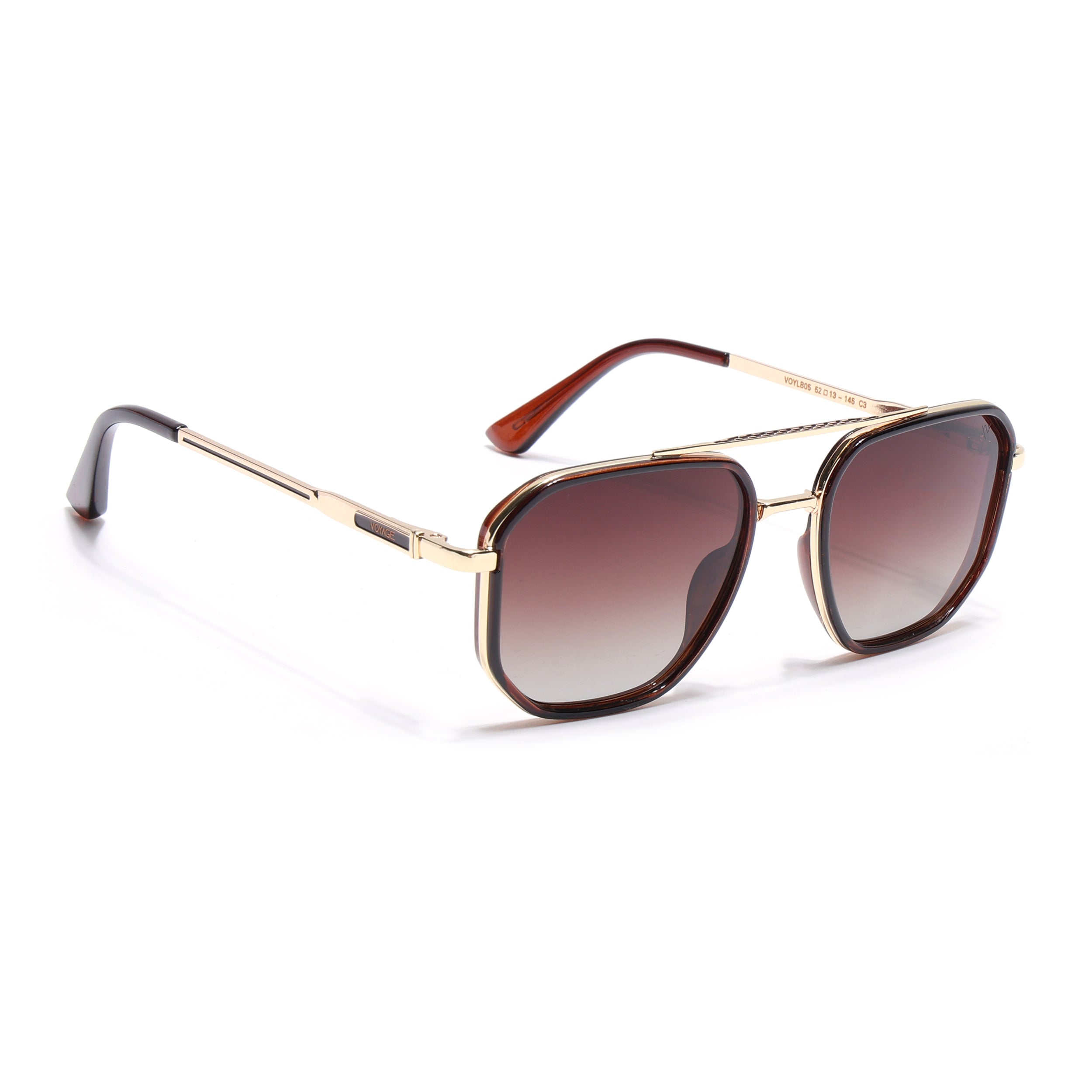Hexagonal Polarized Sunglasses for Men & Women (Brown & Clear Lens | Golden & Brown Frame - VOYLB05-C3)