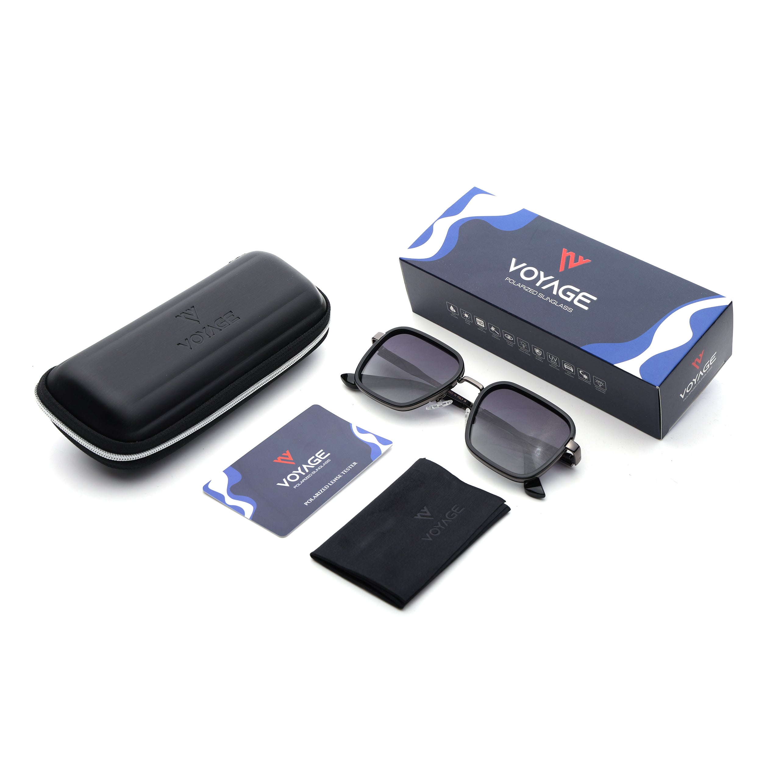 Square Polarized Sunglasses for Men & Women (Grey & Clear Lens | Grey & Black Frame - VOYLB08-C2)