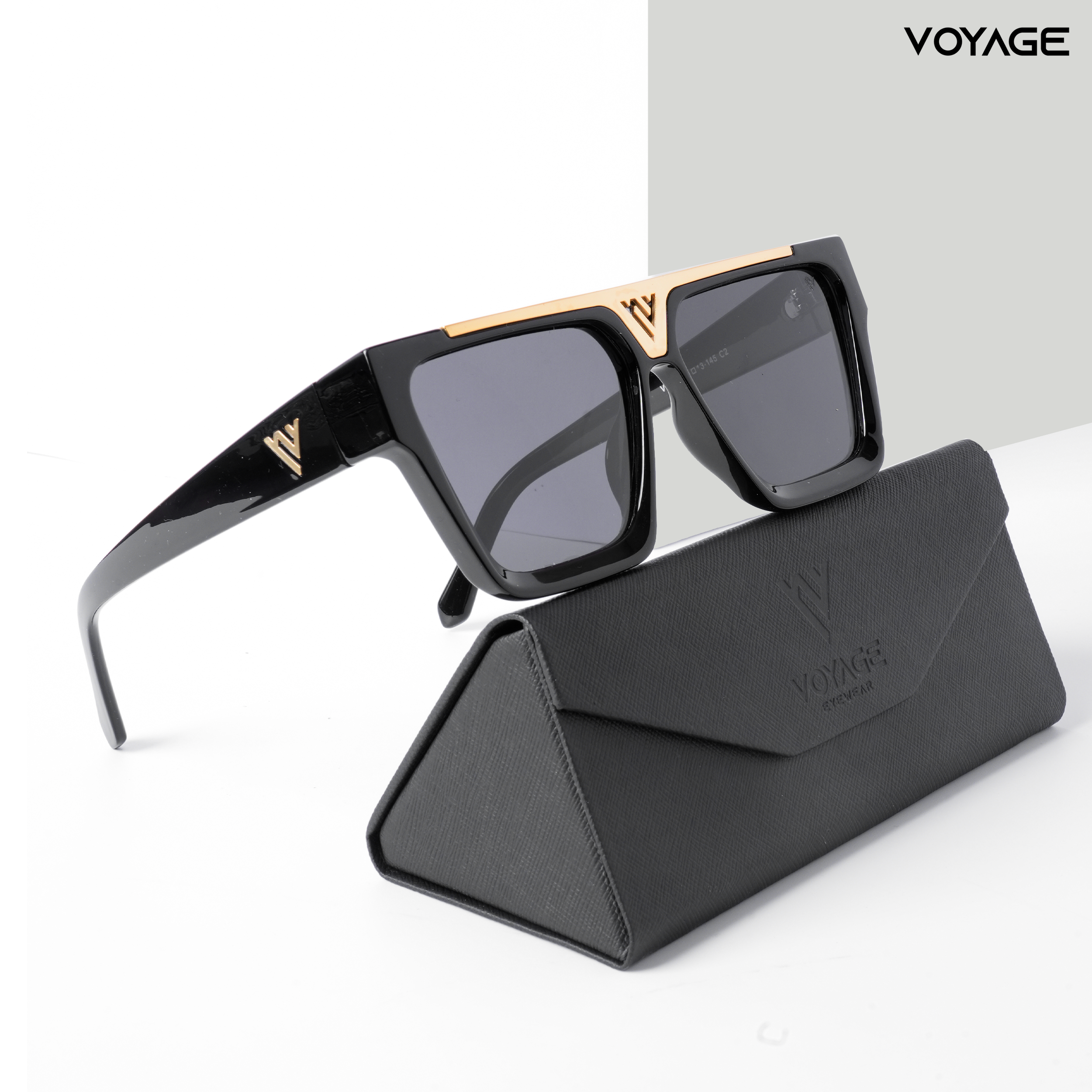 Voyage Exclusive Wayfarer Polarized Sunglasses for Men & Women (Black Lens | Matt Black & Golden Frame - PMG5408)