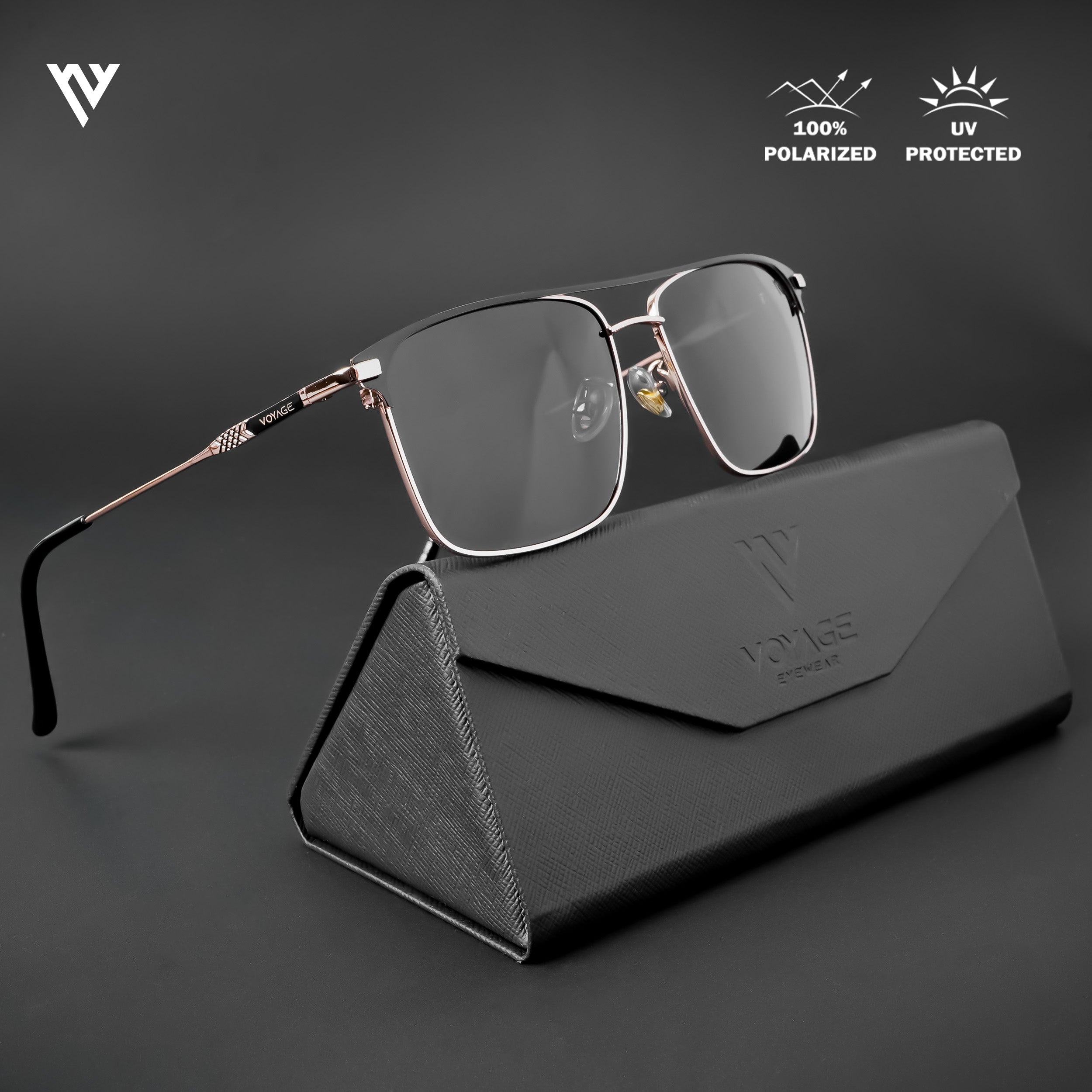Voyage Exclusive Wayfarer Polarized Sunglasses for Men & Women (Black Lens | Rose Gold & Black Frame - PMG4986)