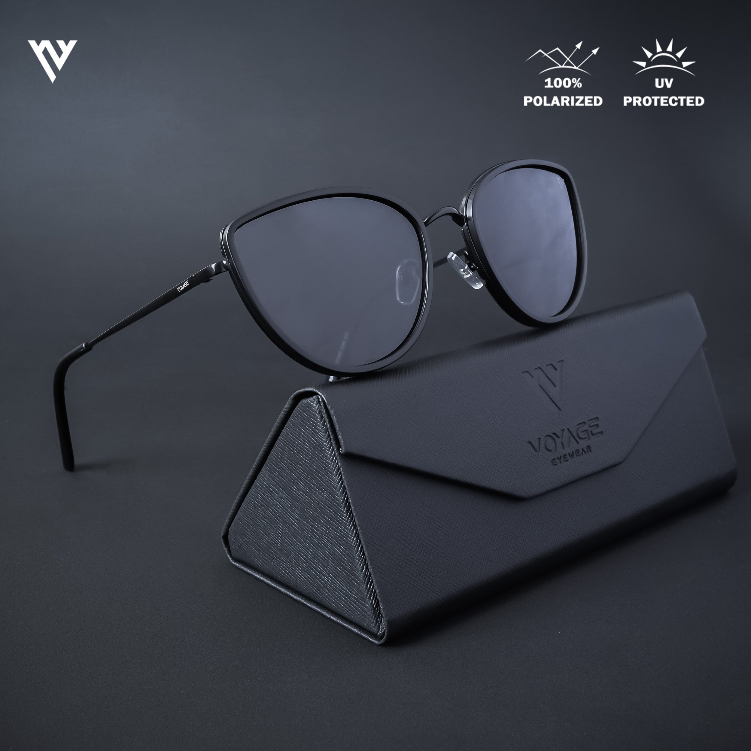 Voyage Exclusive Black Polarized Cateye Sunglasses for Women - PMG4652