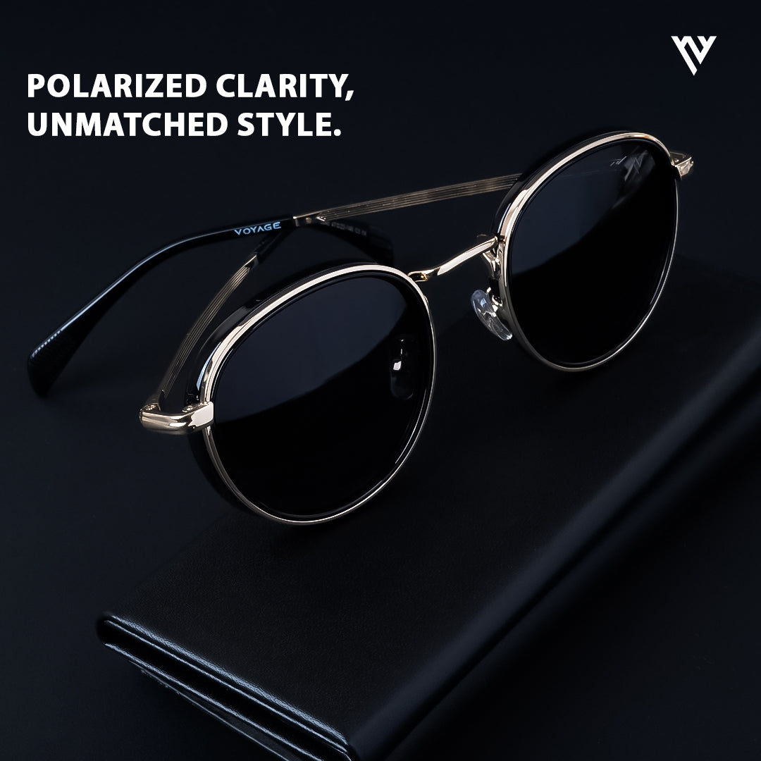 Voyage Exclusive Gold And Black Polarized Round Sunglasses for Men & Women - PMG3981