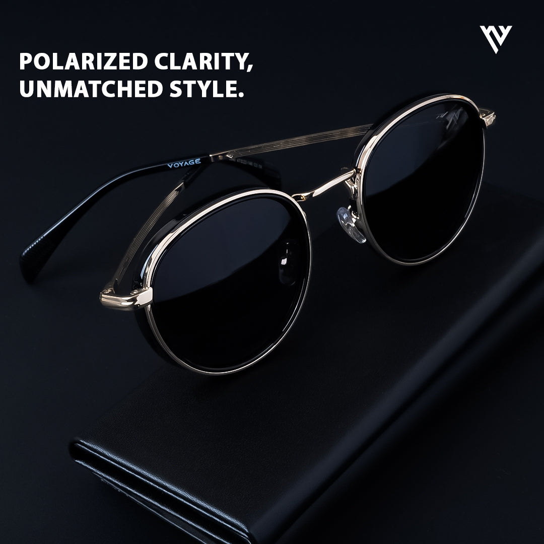 Captain | Gold And Black Polarized Round Sunglasses - PMG3981